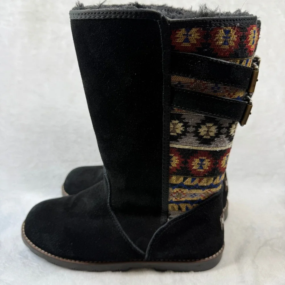 Lam Malanie Black Suede‎ Southwestern Tribal Buckle Mid-Calf Winter Boots 7